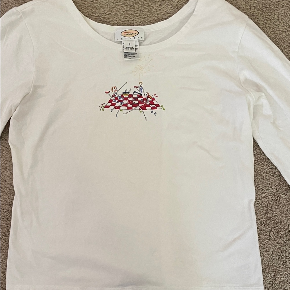 Talbots White 3/4 Sleeve Tee with Red Checkered Graphic